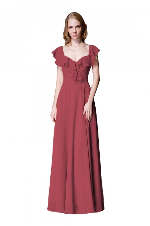 V Neck Cascading Ruffles Sleeve Bow Back Bridesmaid Dress 