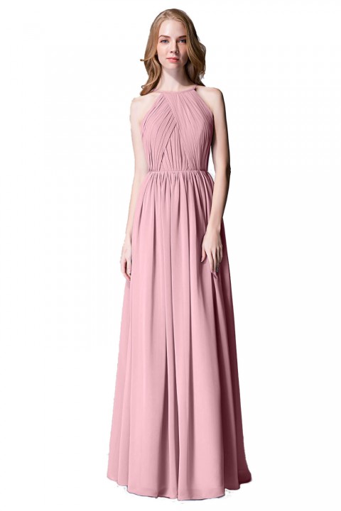 Pleated A-Line Halter Spaghetti-Straps Back Chiffon Bridesmaid Dress