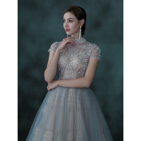 Light Grey High Collar Short Sleeves Beaded & Sequin Tulle Party Dress