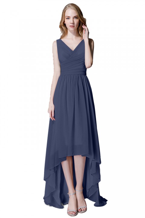 Romantic High-Low V-Neck Chiffon Ruched Bridesmaid Dress