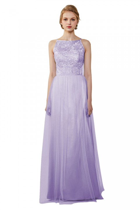 Tulle Lace Illusion Boatneck and Back Bridesmaid Dress with Keyhole 