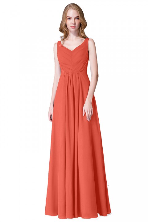 Elegant V-Back Chiffon Tank Bridesmaid Dress with Mesh Lace Inset