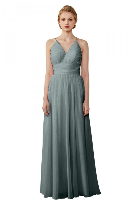 Spaghetti Straps V-Neck Bridesmaid Dress Open Back with Triangle Lace Detail