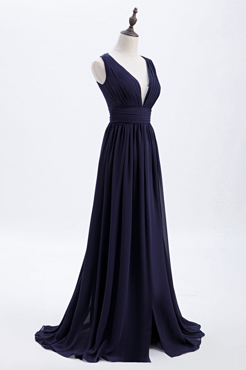 Sexy Deep V-Neck Plunging Silt Bridesmaid Dress with Keyhole Back