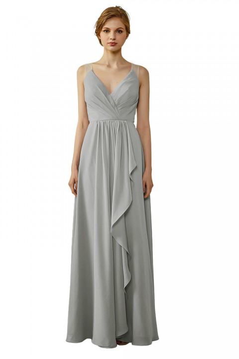 Lace Illusion Back Clousre Tulle Strap V-Neck Bridesmaid Dress with Ruffle