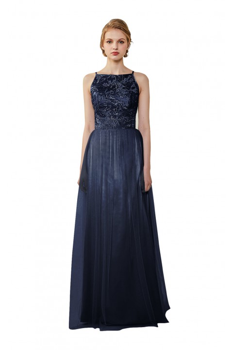 Tulle Lace Illusion Boatneck and Back Bridesmaid Dress with Keyhole 