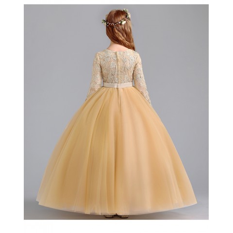 Golden Long Lace Embroidery Sleeve Bow In Back Decor Tulle Skirt Girls Pageant Dresses