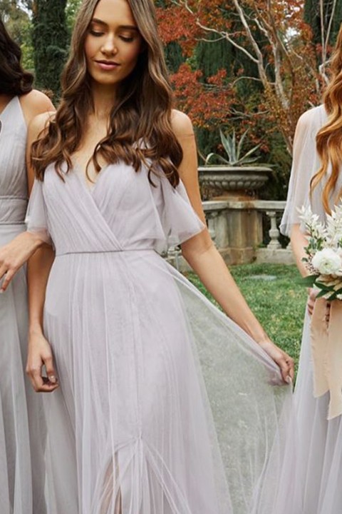 Cold Shoulder Short Sleeves Split Chiffon Bridesmaid Dress