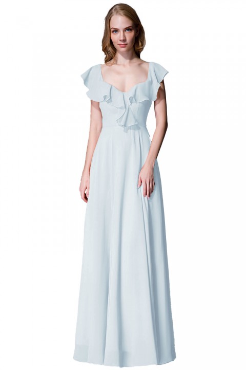 V Neck Cascading Ruffles Sleeve Bow Back Bridesmaid Dress 