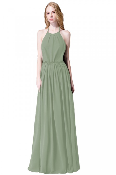 Halter Spaghetti Strap Open Back Chiffon Bridesmaid Dress with Sash