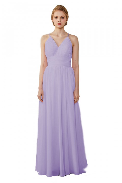 Spaghetti Straps V-Neck Bridesmaid Dress Open Back with Triangle Lace Detail