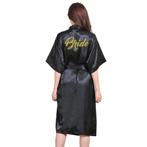 Slogan Printed Tied Waist Silk Bride Robe with Pockets