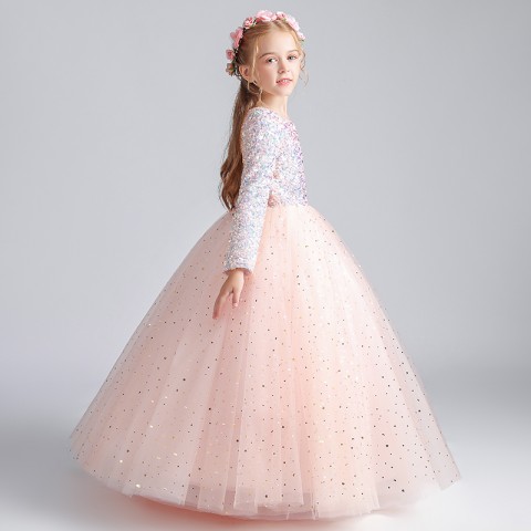 Unique Sequined Round Neck Long Sleeve Tulle Skirt Girls Pageant Dresses