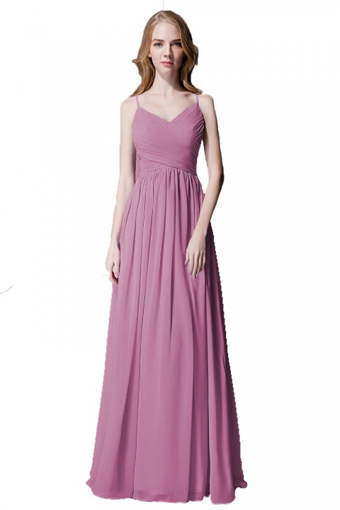 Spaghetti Straps Pleated Chiffon Bridesmaid Dress with Lace Open Back