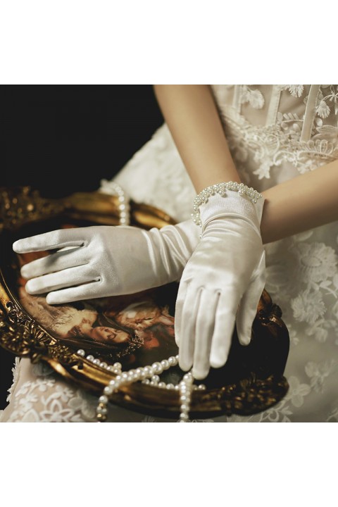 White Handmade Pearl Decor Satin Wedding Bridal Gloves