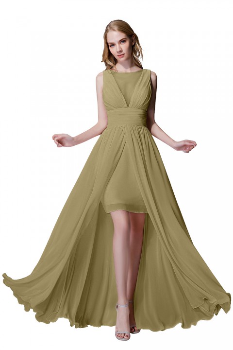 Plunging Illusion Tulle Scoop Neck High Slit Chiffon Bridesmaid Dress