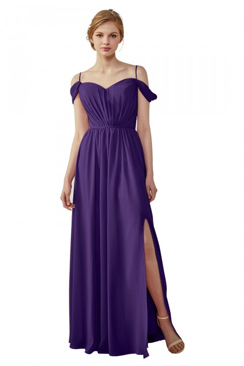 A-Line Cold Shoulder Spaghetti Straps Chiffon Bridesmaid Dress with Side Slit