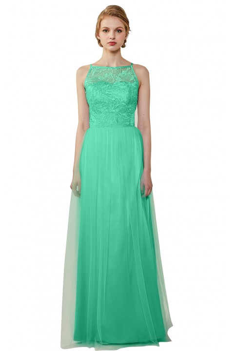 Tulle Lace Illusion Boatneck and Back Bridesmaid Dress with Keyhole 