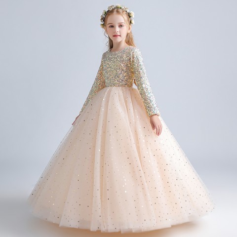 Champagne Round Neck Long Sleeve Sequined Decor Tulle Skirt Girls Pageant Dresses