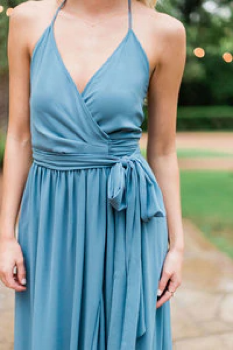 Halter Wrap Open Back Chiffon Long Bridesmaid Dress with Tied Waist