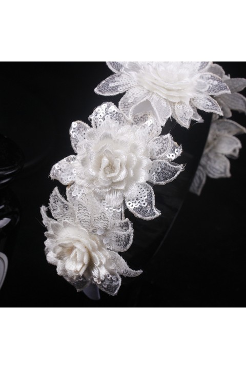 White Handmade Sequins Flower Shape Decor Bridal Headband