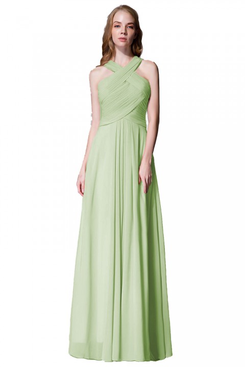 Chic Criss-cross Halter Pleated Chiffon Bridesmaid Dress Long