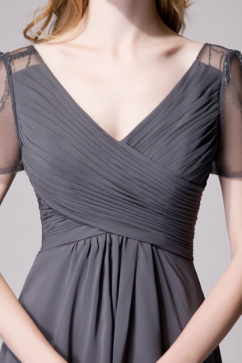 Clearance | Criss Pleated V-neck High-low Chiffon Bridesmaid Dress with Illusion Sleeves