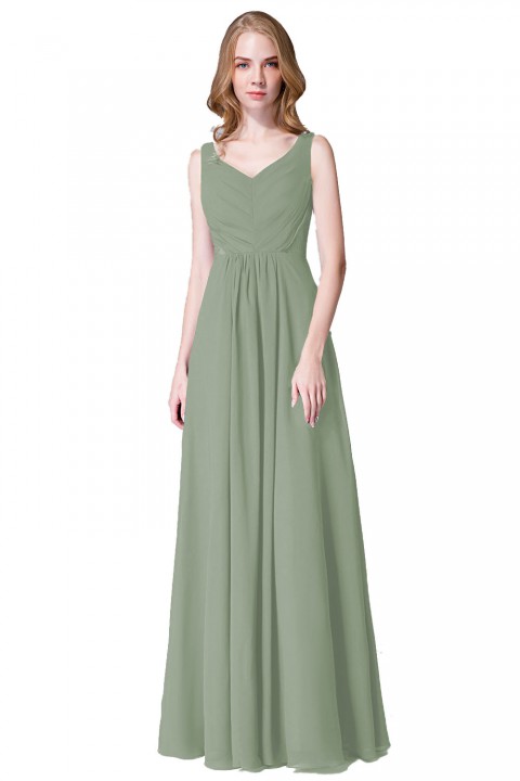 Elegant V-Back Chiffon Tank Bridesmaid Dress with Mesh Lace Inset