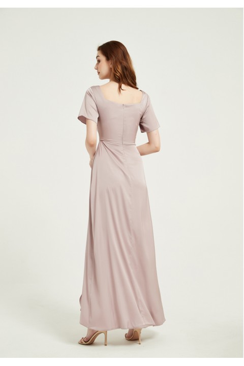 Lavender Square Neckline Short Sleeves High Split Luxe Satin Bridesmaid Dress