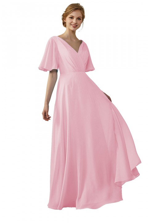 Casual V-Neck Flutter Sleeves Chiffon Ruched Bridesmaid Dress with Keyhole Back