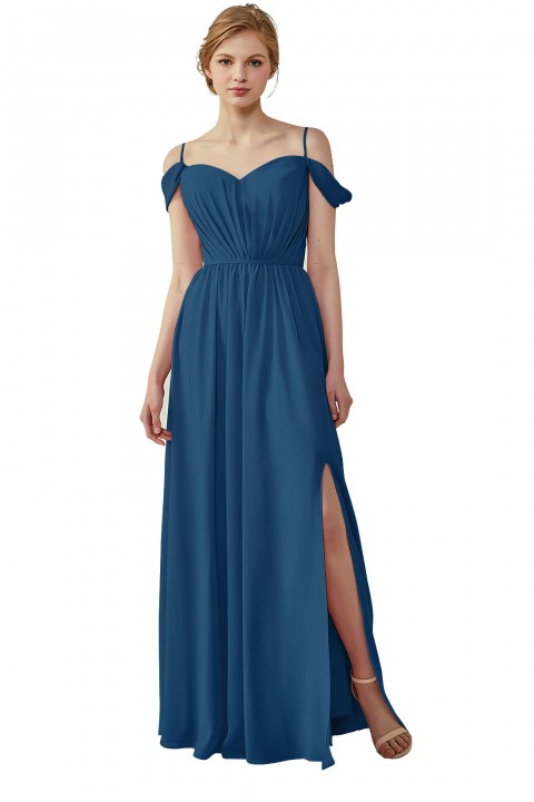 A-Line Cold Shoulder Spaghetti Straps Chiffon Bridesmaid Dress with Side Slit