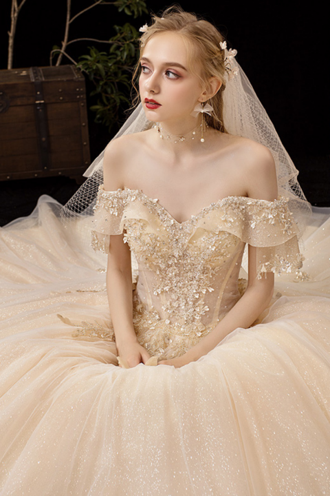 2021 New Off Shoulder Sleeveless Paillette Decor Tulle Wedding Dress With Long Train