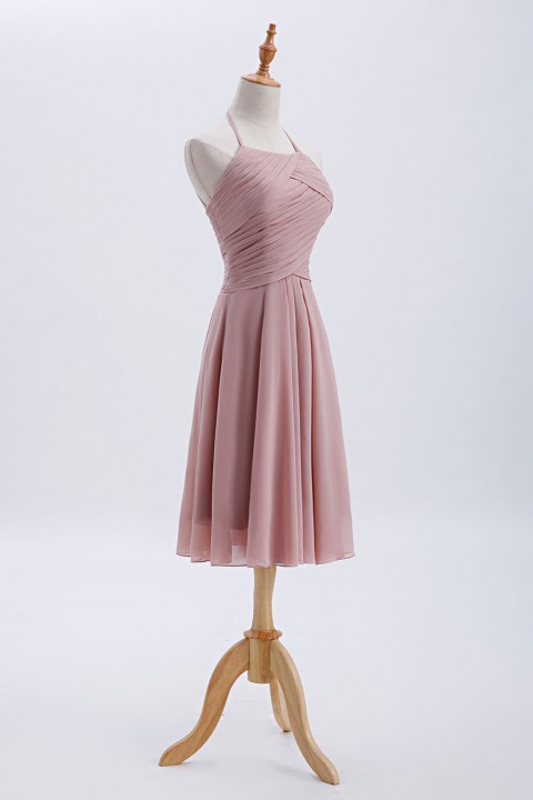 Elegant Halter Tea Length Pleated Chiffon Bridesmaid Dress with Tie Back