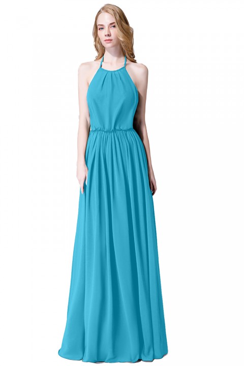 Halter Spaghetti Strap Open Back Chiffon Bridesmaid Dress with Sash