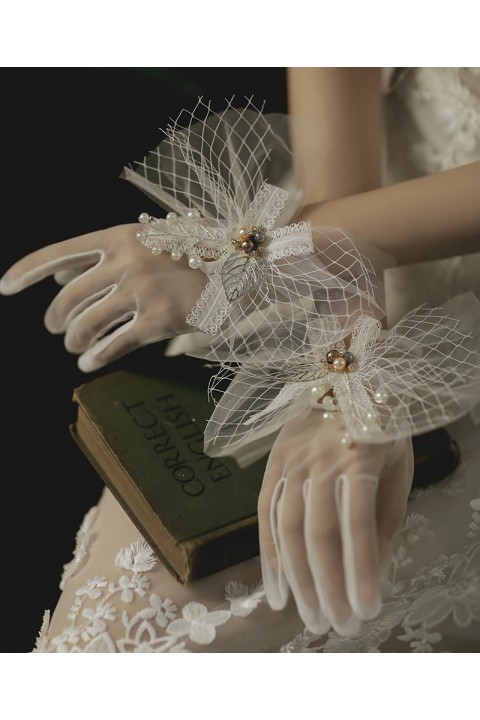 White Lace Bow Decor Thin Tulle Wedding Bridal Gloves