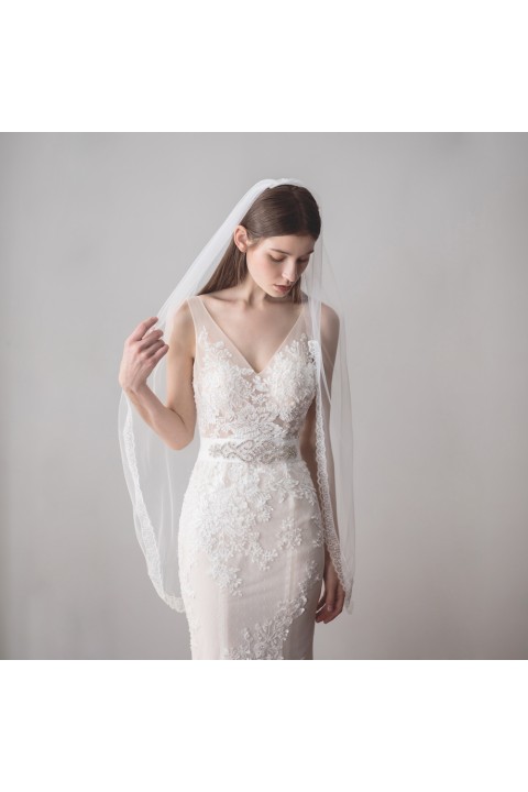 Simple Lacework Soft Tulle Long Wedding Bridal Veil With Comb