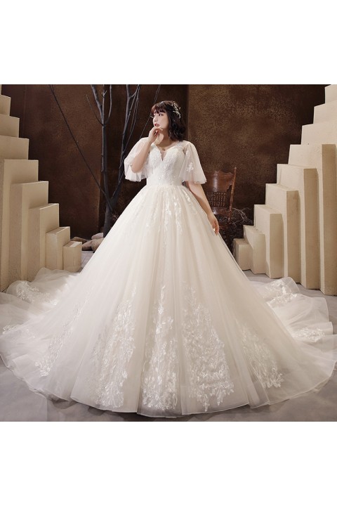 Plus Size 2021 Deep V-neck Half Sleeves Embroidered Flower Tulle Wedding Dress With Long Train