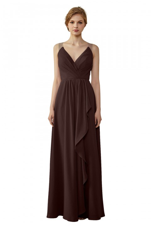 Lace Illusion Back Clousre Tulle Strap V-Neck Bridesmaid Dress with Ruffle