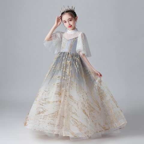 White&Champagne Cap Sleeves Princess Tulle Skirt Flower Girl Dresses Withe Beads
