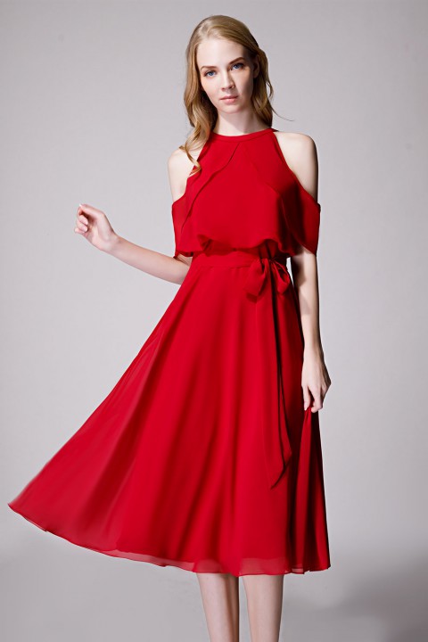 Flirty Off Shoulder Chiffon Ruffled Detachable Belt Bridesmaid Dress Short