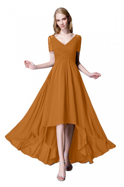 Criss Pleated V-neck High-low Chiffon Bridesmaid Dress with Illusion Sleeves