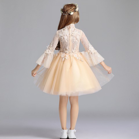 Yellow High Collar Long Puff Sleeve Embroidery Decor Tulle Skirt Girls Pageant Dresses