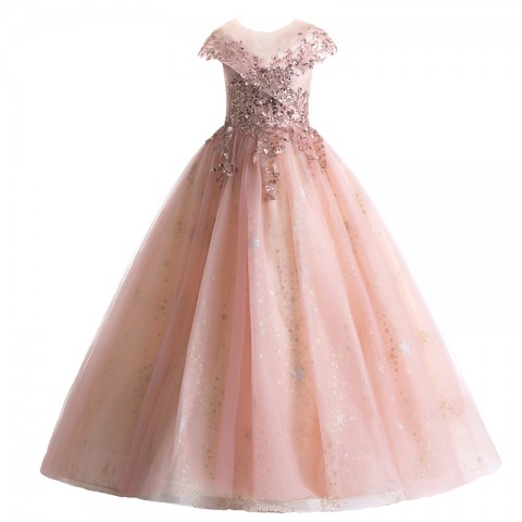 Coral Pink Round Neck Short Sleeves Sequin & Bead Decor Shiny Star Tulle Skirt Girls Pageant Dress