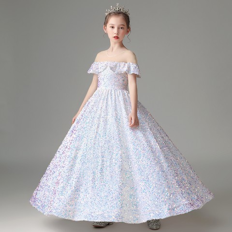 White Gorgeous Round Neck With Flounce Decor Sequin Girls Pageant Dress