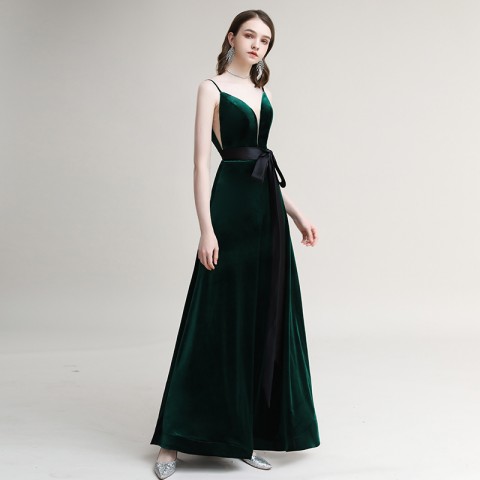 Deep V-Neck Spaghetti Straps Bow Belt Design Velvet Party Dress