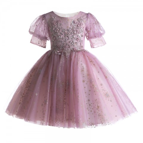 Pink Vintage Round Neck Short Puff Sleeves Beaded & Sequined Flower Shiny Tulle Short Skirt Girls Pageant Dress