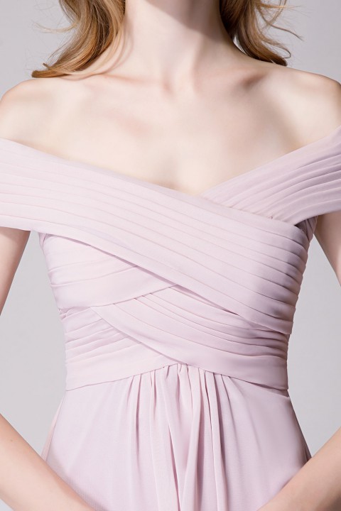 Crisscross Off-the-Shoulder Pleated V-back Bridesmaid Dress Long