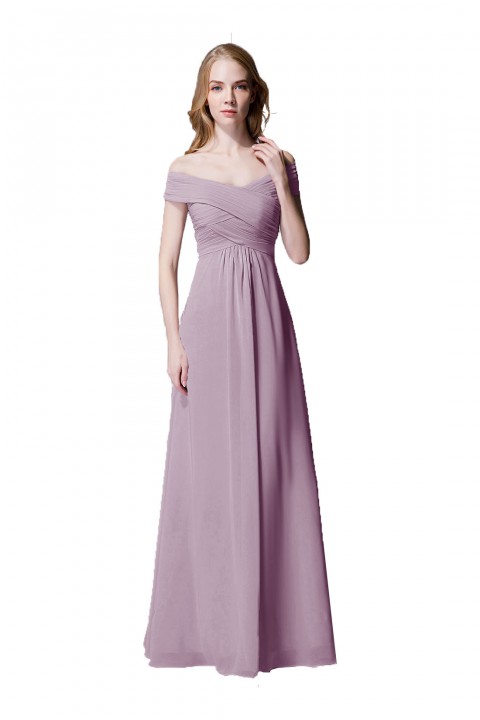 Crisscross Off-the-Shoulder Pleated V-back Bridesmaid Dress Long