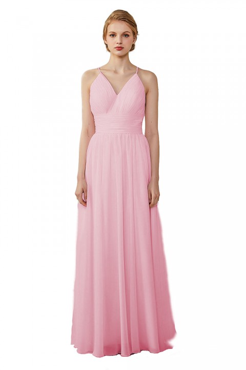 Spaghetti Straps V-Neck Bridesmaid Dress Open Back with Triangle Lace Detail