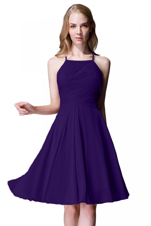 Elegant Halter Tea Length Pleated Chiffon Bridesmaid Dress with Tie Back